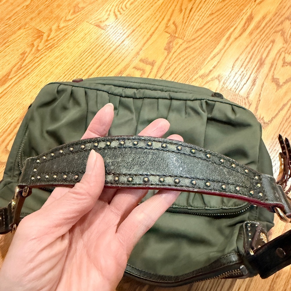 MZ Wallace Paige Olive Green Nylon Shoulder Bag Leather Trim Studded Strap - Picture 5 of 16